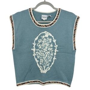 Russ Petites Blue Sweater Vest Women's Size S Floral Motif Leopard Trim Knit